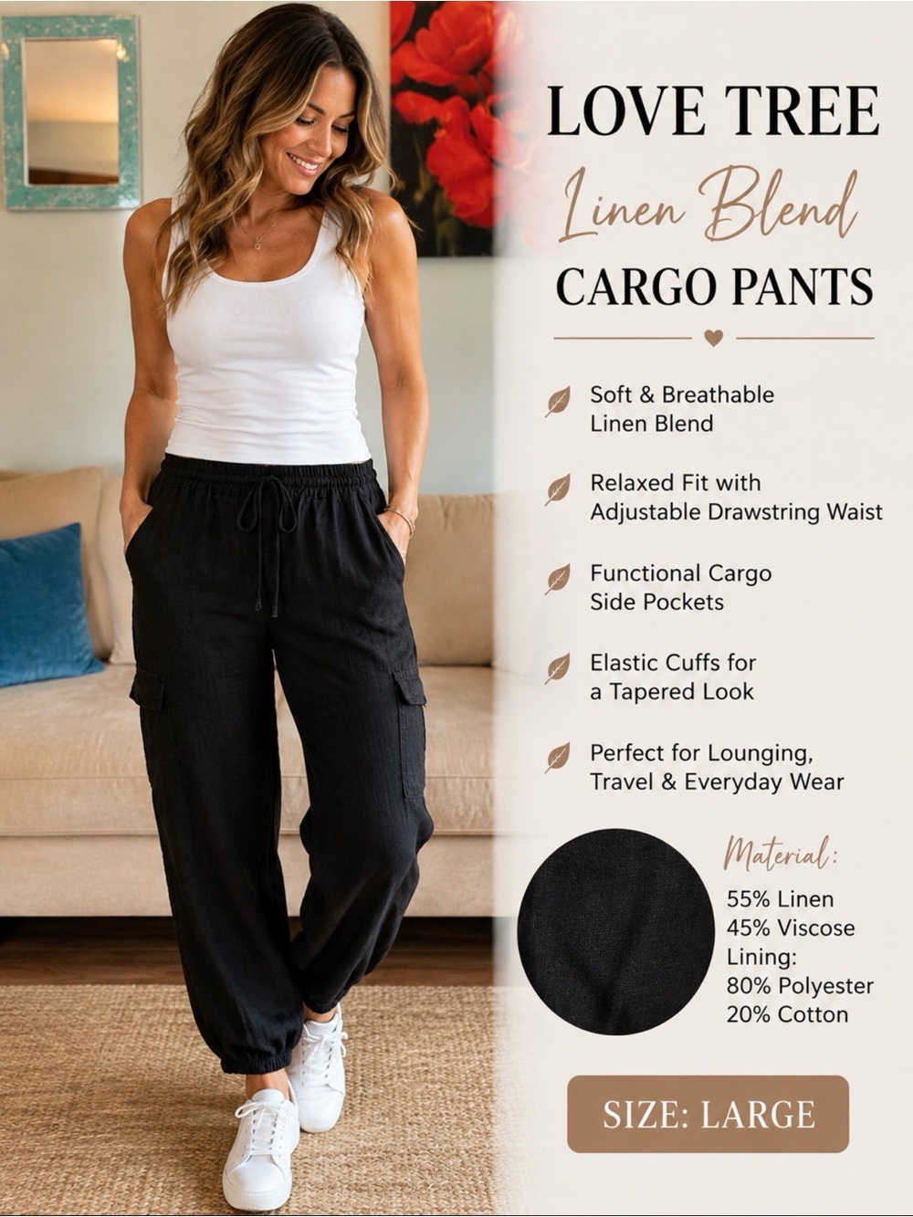Love Tree Cargo Linen Pants Womens L Large Trousers High Rise Jogger Black